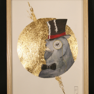 illustration originale réalisée par Flavie André. représente "gaspard" pigeon chic avec haut de forme et monocle. rond de feuille d'or en arrière plan soulignant le dessin. format A4. pièce originale et unique. encadré