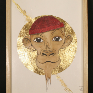 illustration originale réalisée par Flavie André. représente "gino" tête de singe coiffé de son bonnet à la cousteau. aventurier casanier. rond de feuille d'or en arrière plan soulignant le dessin. format A4. pièce originale et unique. encadré