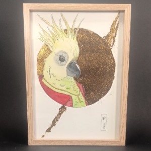 tableau original. illustration pierrot la perruche. technique mixte et feuille d'or