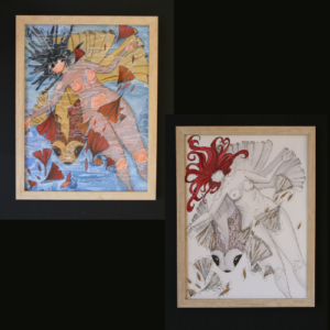tableau, femme flottant à la surface de l'eau. carpe géante passant en dessous. version noir et blanc, touche de rouge et feuille d'or. techniques mixtes. tableau en écho une version couleur. visuel des deux