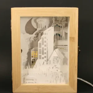 veilleuse .decor papier découpé représentant au premier plan jardin banc public et renard regardant au second plan la ville. version sans lumière
