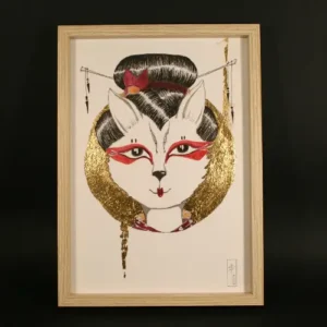 tableau original encadré. tête de chatte geisha. technique mixte. finition feuille d'or