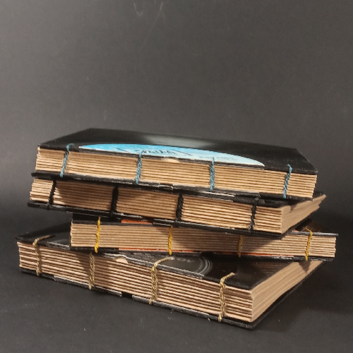 carnets en couverture vinyle, réalisé à la main par Flavie André, couture copte, pièce unique