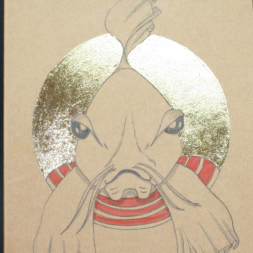 dessin tête de poisson anthropomorphe, stylo ,feuille d'or, feutre
