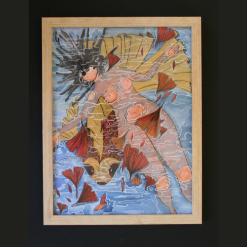 tableau, femme flottant à la surface de l'eau. carpe éeante passant en dessous. version couleur techniques mixtes. tableau en écho une version blanche et noire, avec une touche de rouge.