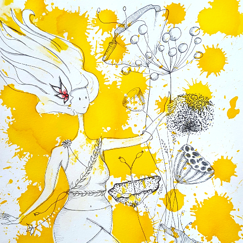 illustration librement inspiré d'un concours de margaux motin pour son livre le printemps suivant. femme fleur sur fond de tache jaune pétant