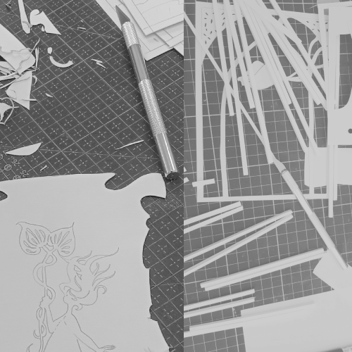 détail de découpe pour fabrication de lampe dite lightbox, papier découpé, préparation