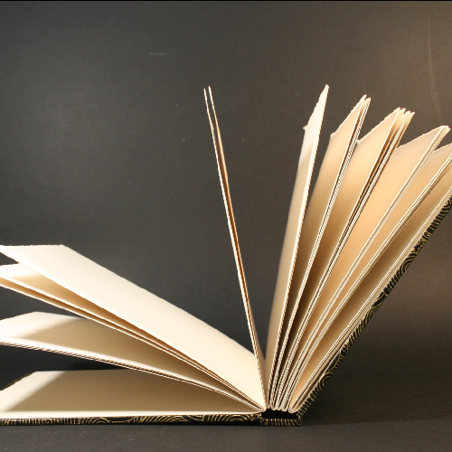 Carnet fait main avec couverture en papier lokta. vue en ouverture sur les pages blanches . papeterie artisanale par Flavie André.